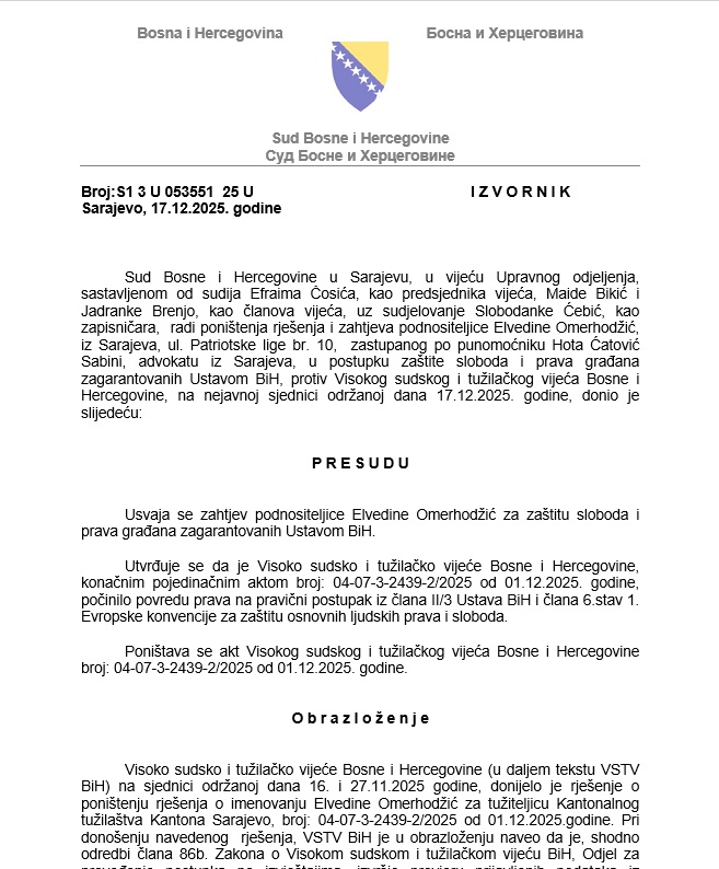 Sud Bosne i Hercegovine presudio: VSTV bez dvostepene procedure ne može oduzimati mandate sudijama i tužiocima koji nisu prošli provjere imovine! – Istraga .ba