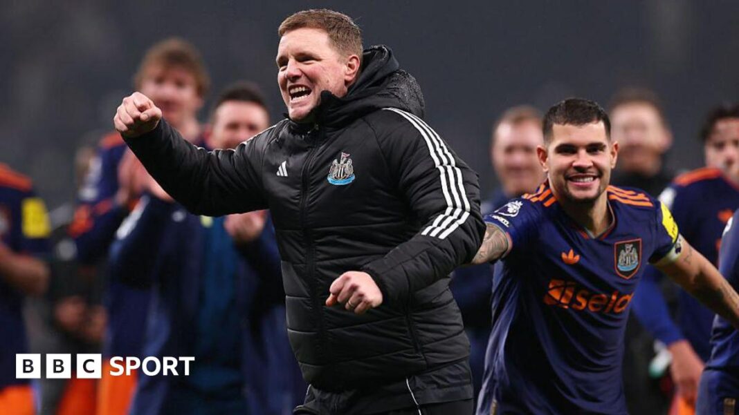 Spursi 1-2 Newcastle: Eddie Howe voli ‘posebnu vezu’ nakon odgovora navijača Eddie Howe celebrates after Newcastle United