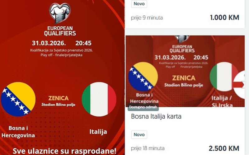 Bilino Polje je rasprodano za historijski meč BiH i Italije, tapkaroši digli cijene karata na preko 1.000 KM Bilino Polje je rasprodano za historijski meč BiH i Italije, tapkaroši digli cijene karata na preko 1.000 KM
