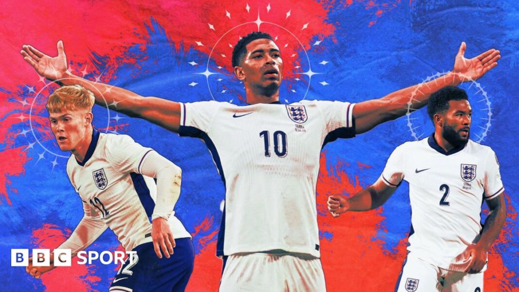 Engleska: BBC Sport bira svoje XI Svjetsko prvenstvo – koga biste odabrali? A blue and red graphic overlaid with Lewis Hall, Jude Bellingham and Reece James in white England shirts