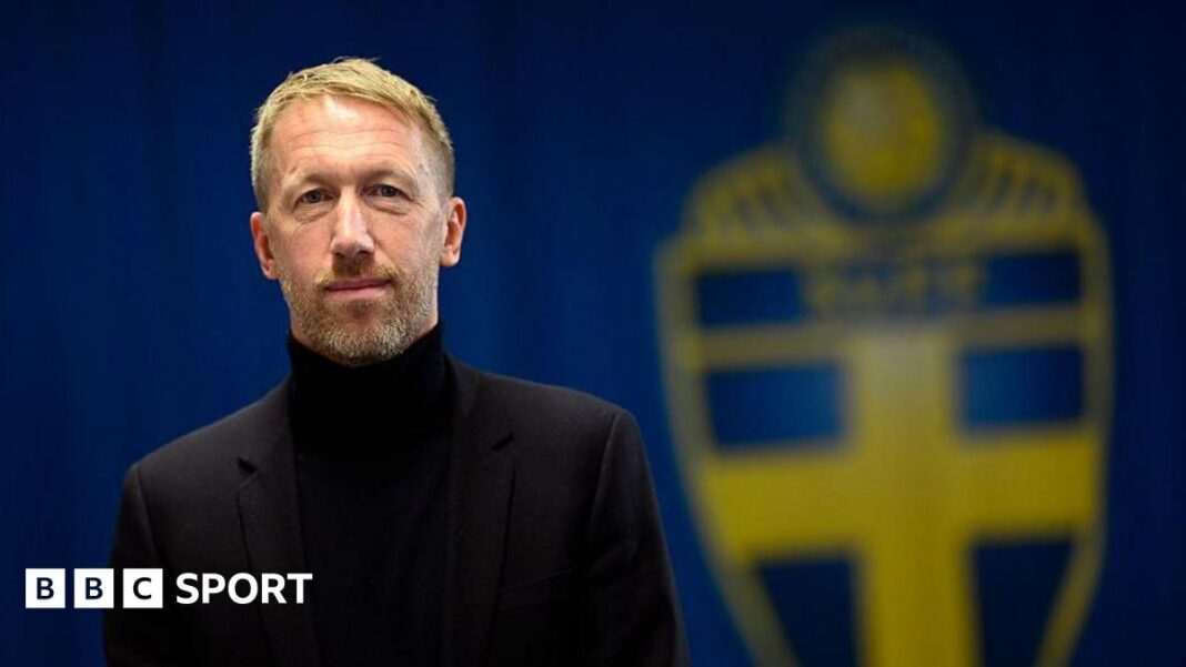 Graham Potter produžio ugovor kao selektor Švedske do 2030 Graham Potter looks into the camera as he stands in front of a board displaying the badge of Sweden
