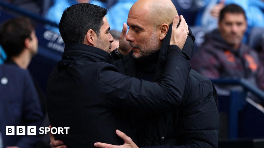 Premijer liga: Kako se formira ulet – titula, Liga šampiona i ispadanje Arteta and Guardiola embrace