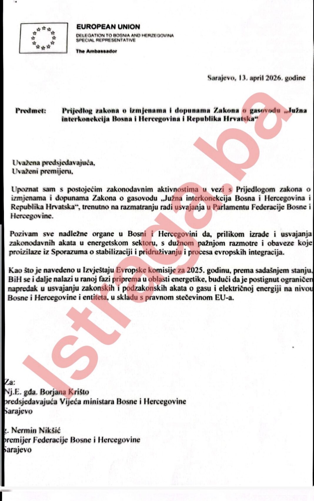 Evropska unija upozorila Bosnu i Hercegovinu zbog Južne interkonekcije: Ako želite novac i nastavak puta prema EU, uskladite energetske propise sa našim zakonodavstvom i vašim preuzetim obavezama! – Istraga .ba Evropska unija upozorila Bosnu i Hercegovinu zbog Južne interkonekcije: Ako želite novac i nastavak puta prema EU, uskladite energetske propise sa našim zakonodavstvom i vašim preuzetim obavezama! - Istraga .ba