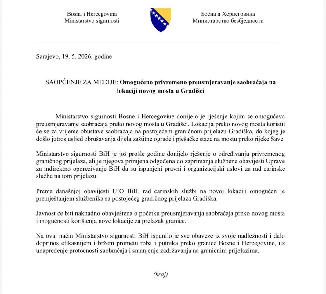 Bez odluke Vijeća ministara: Ministarstvo sigurnosti BiH preusmjerilo saobraćaj na novi Granični prelaz Gradiška – Istraga .ba Bez odluke Vijeća ministara: Ministarstvo sigurnosti BiH preusmjerilo saobraćaj na novi Granični prelaz Gradiška - Istraga .ba