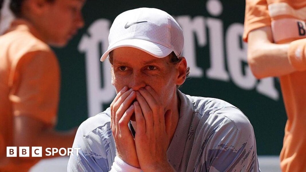 Jannik Sinner wears a dejected expression at the 2026 French Open