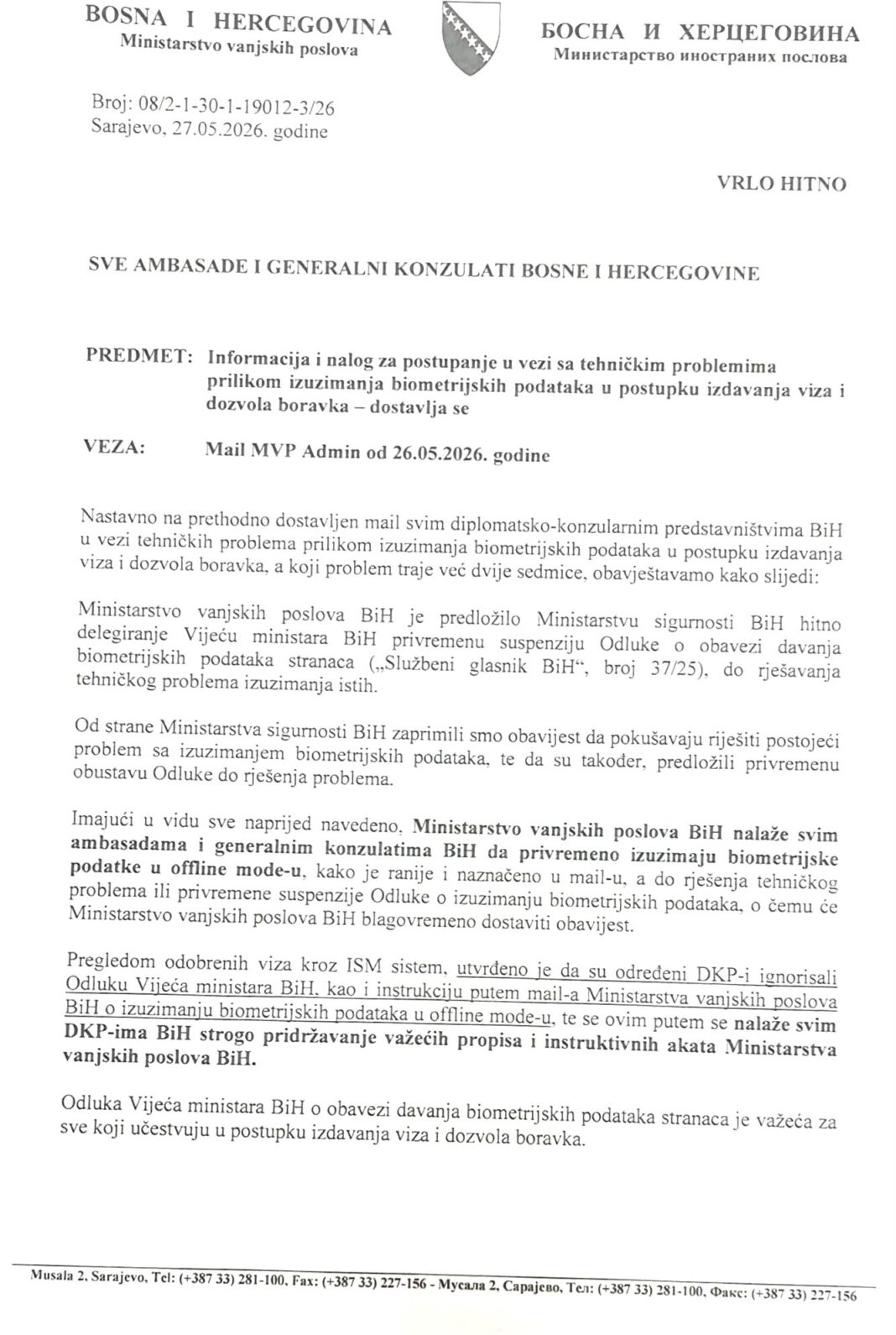 Biometrijski sistem se raspao usred sezone: MVP traži suspenziju odluke o uzimanju otisaka prstiju stranaca; turisti i brojne službene delegacije otkazuju posjete BiH – Istraga .ba Biometrijski sistem se raspao usred sezone: MVP traži suspenziju odluke o uzimanju otisaka prstiju stranaca; turisti i brojne službene delegacije otkazuju posjete BiH - Istraga .ba