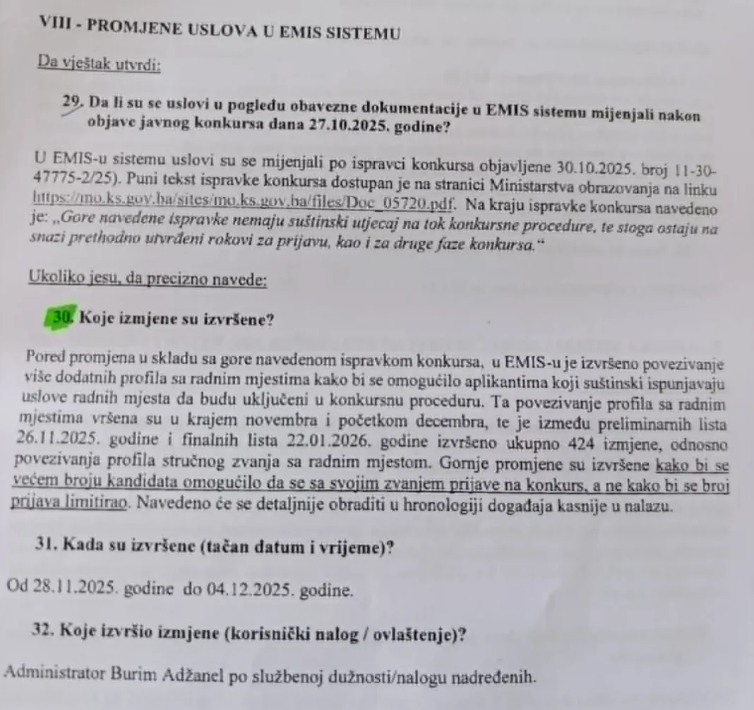 Nalaz vještaka otkriva: Pravila EMIS sistema mijenjana tokom konkursa, izvršene čak 424 ručne intervencije na profilima kandidata – Istraga .ba Nalaz vještaka otkriva: Pravila EMIS sistema mijenjana tokom konkursa, izvršene čak 424 ručne intervencije na profilima kandidata - Istraga .ba