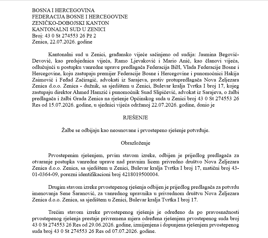 Potvrđena prvostepena odluka: Kantonalni sud u Zenici odbio žalbu Vlade FBiH za uvođenje vanredne uprave u Novoj Željezari – Istraga .ba Potvrđena prvostepena odluka: Kantonalni sud u Zenici odbio žalbu Vlade FBiH za uvođenje vanredne uprave u Novoj Željezari - Istraga .ba