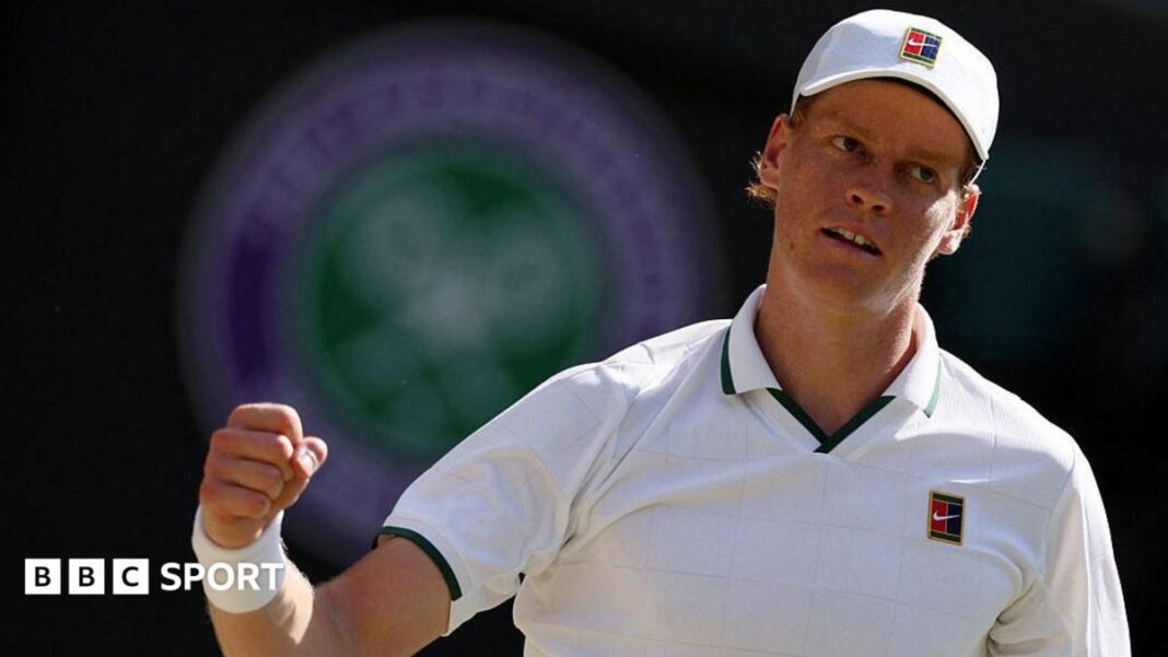 Rezultati Wimbledona 2026: Jannik Sinner stigao do polufinala pobjedom nad Jan-Lennardom Struffom Jannik Sinner celebrates victory by punching the air with his right arm