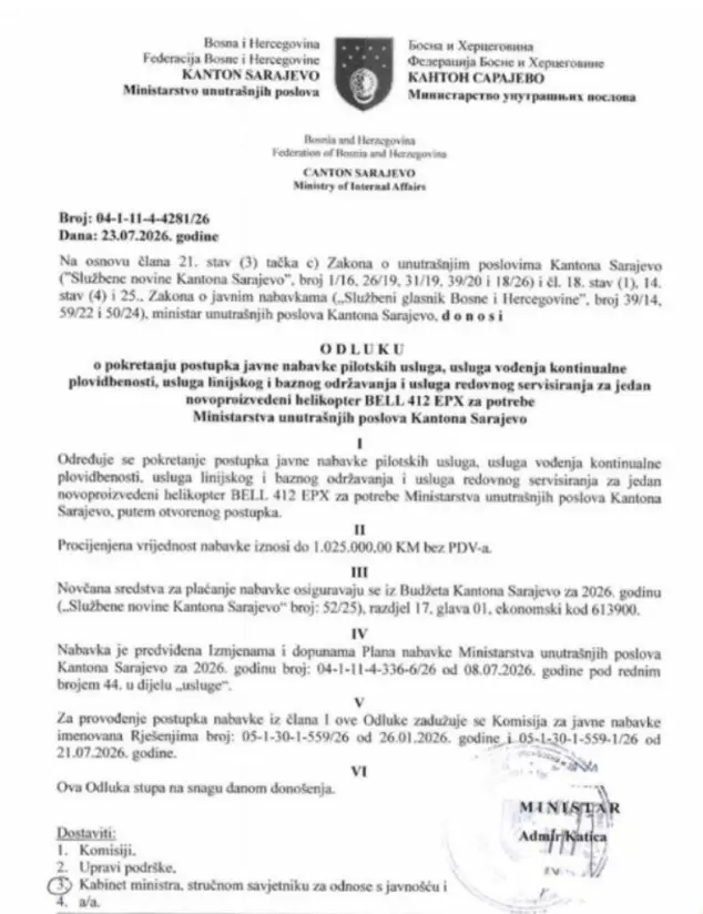 Ministar Katica potpisao odluku: Dva miliona maraka za strane pilote, servis i osiguranje helikoptera MUP-a KS – Istraga .ba Ministar Katica potpisao odluku: Dva miliona maraka za strane pilote, servis i osiguranje helikoptera MUP-a KS - Istraga .ba