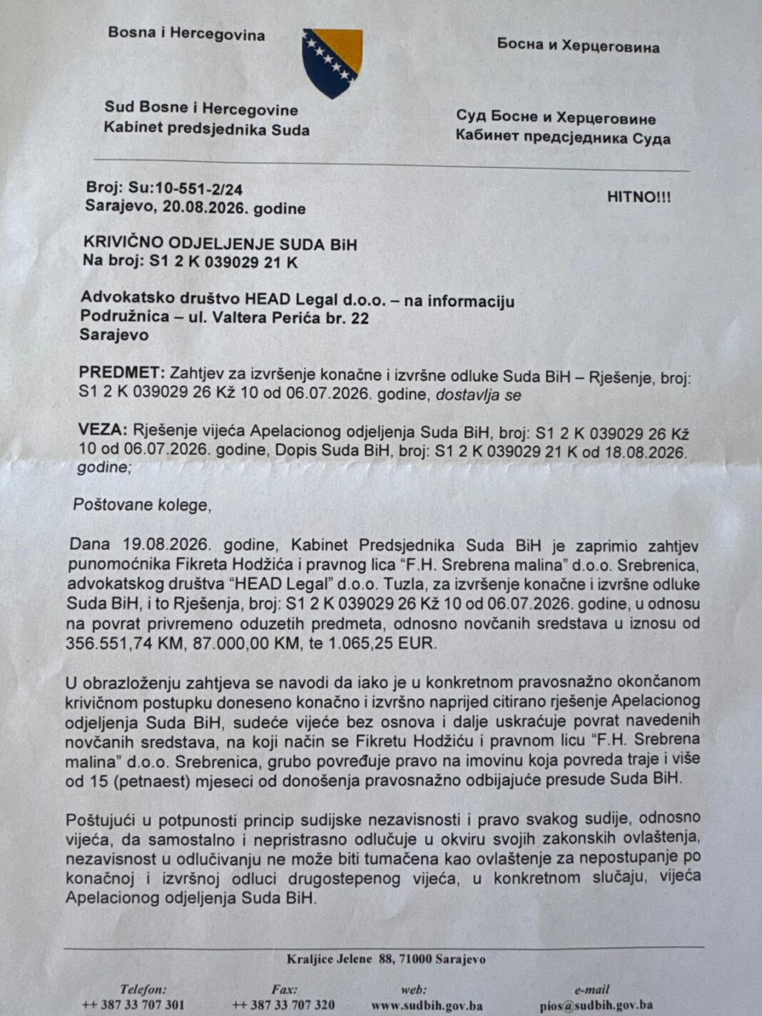 Presedan u bh. pravosuđu: V.d. predsjednica Suda BiH Minka Kreho naredila sudiji Braci Stuparu da odmah vrati novac Fikretu Hodžiću i „Srebrenoj malini“ – Istraga .ba Presedan u bh. pravosuđu: V.d. predsjednica Suda BiH Minka Kreho naredila sudiji Braci Stuparu da odmah vrati novac Fikretu Hodžiću i „Srebrenoj malini“ - Istraga .ba