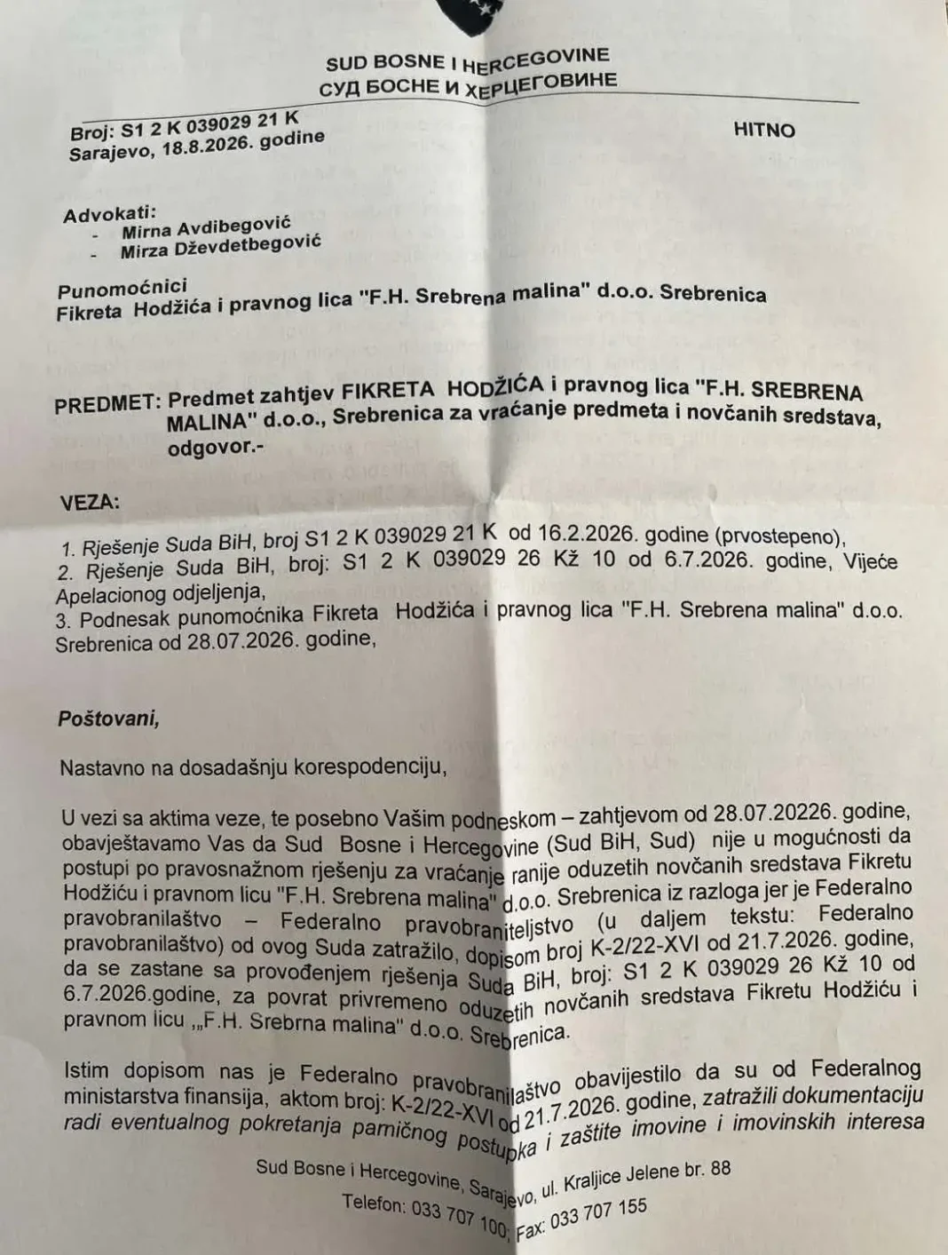Sud BiH zaustavio izvršenje vlastite pravosnažne odluke: Povrat novca „Srebrenoj malini“ blokiran na zahtjev Federalnog pravobranilaštva – Istraga .ba Sud BiH zaustavio izvršenje vlastite pravosnažne odluke: Povrat novca „Srebrenoj malini“ blokiran na zahtjev Federalnog pravobranilaštva - Istraga .ba