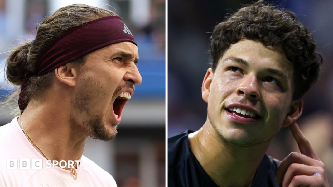 Finale US Opena 2026: Alexander Zverev i Ben Shelton izlaze iz senke Jannika Sinnera i Carlosa Alcaraza Split picture of Alexander Zverev, who has his mouth wide open in an emotive expression, and Ben Shelton, who is smiling and has a finger raised to his left ear