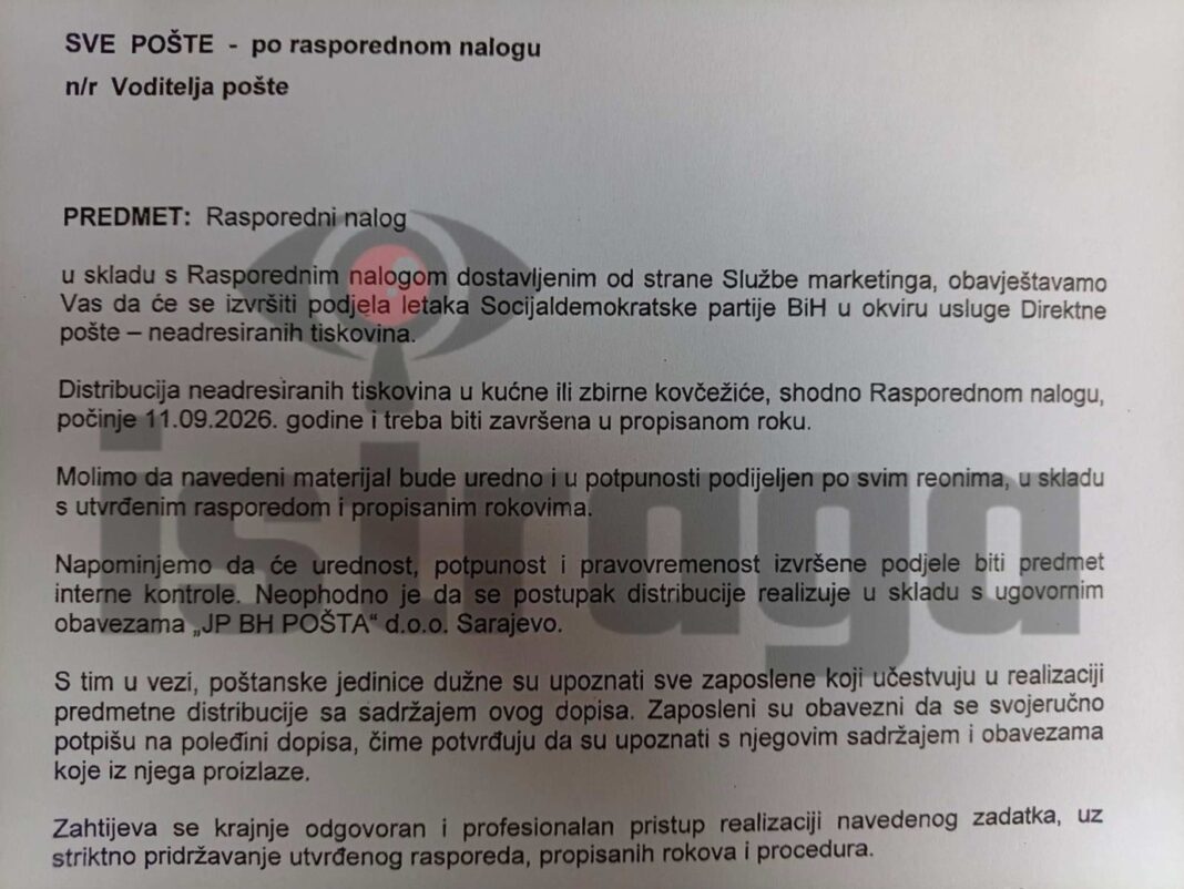SDP preko BH Pošte širi svoj predizborni propagandni materijal: „Zahtijeva se krajnje odgovoran i profesionalan pristup realizaciji navedenog zadatka!“ – Istraga .ba SDP preko BH Pošte širi svoj predizborni propagandni materijal: „Zahtijeva se krajnje odgovoran i profesionalan pristup realizaciji navedenog zadatka!“ - Istraga .ba